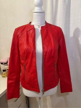 Alfani Bright Red Leather Zip-Front Jacket